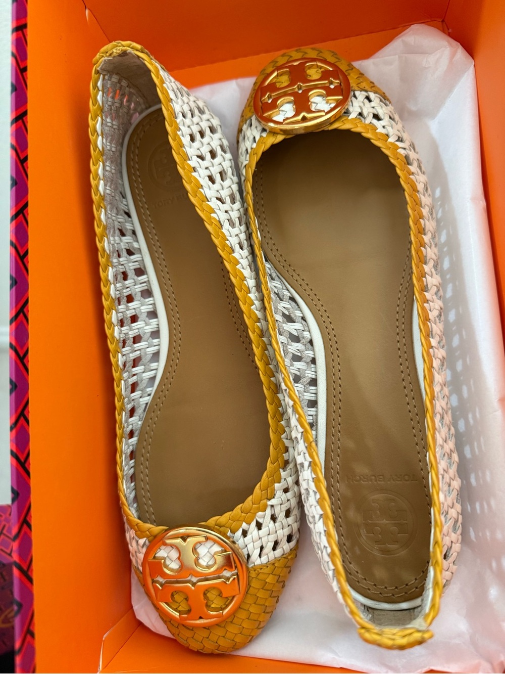 Tory Burch Women's Chelsea White & Yellow Woven Ballet Flats